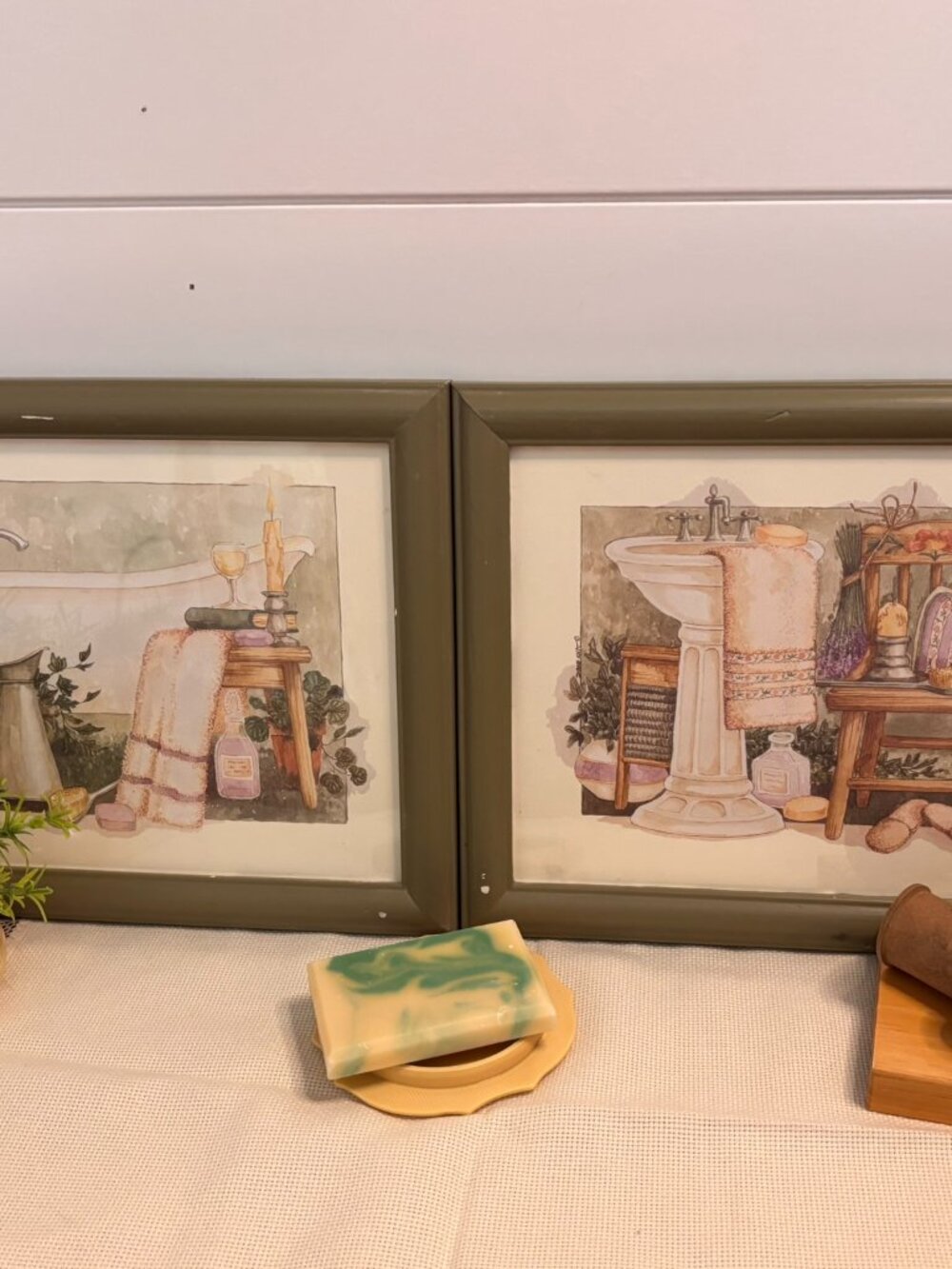 VTG 90s Bathroom Watercolor Prints Framed Matted Sage Green Frame Set of 2